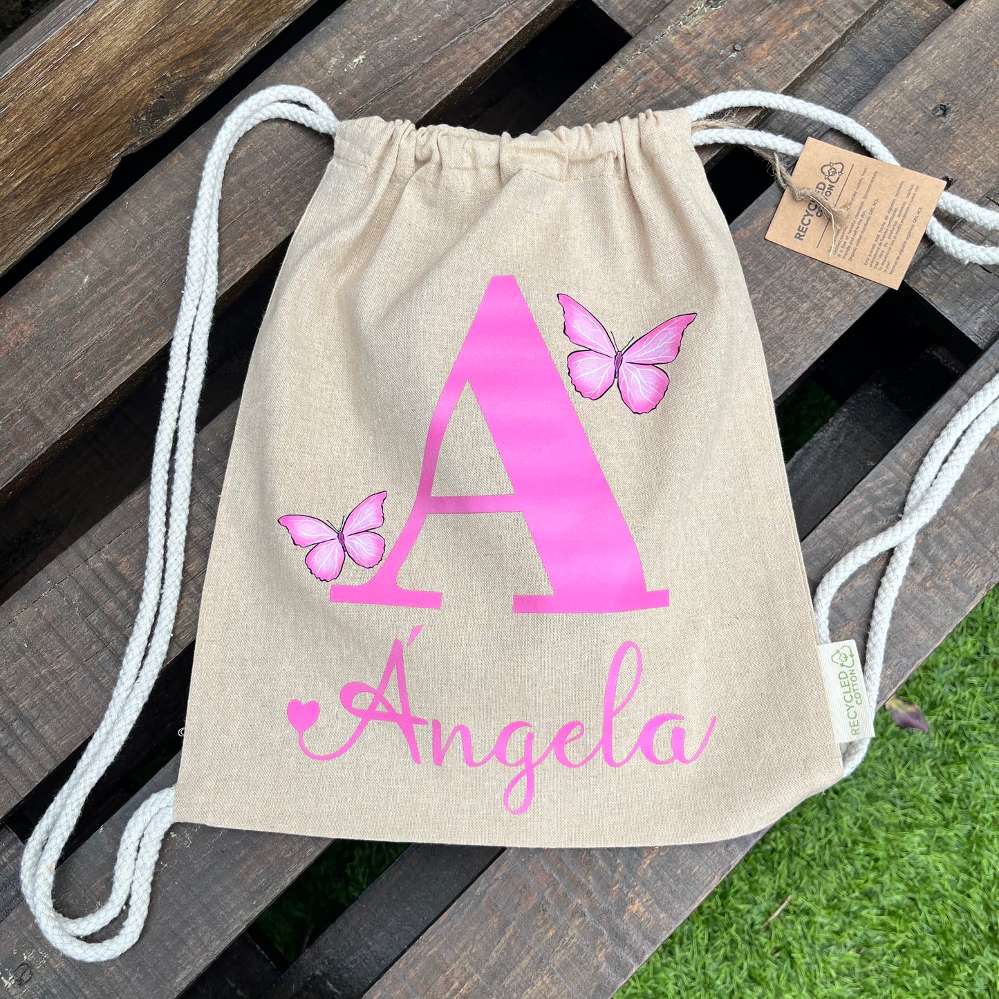 mochila algodón reciclado con cuerdas para colegio personalizada