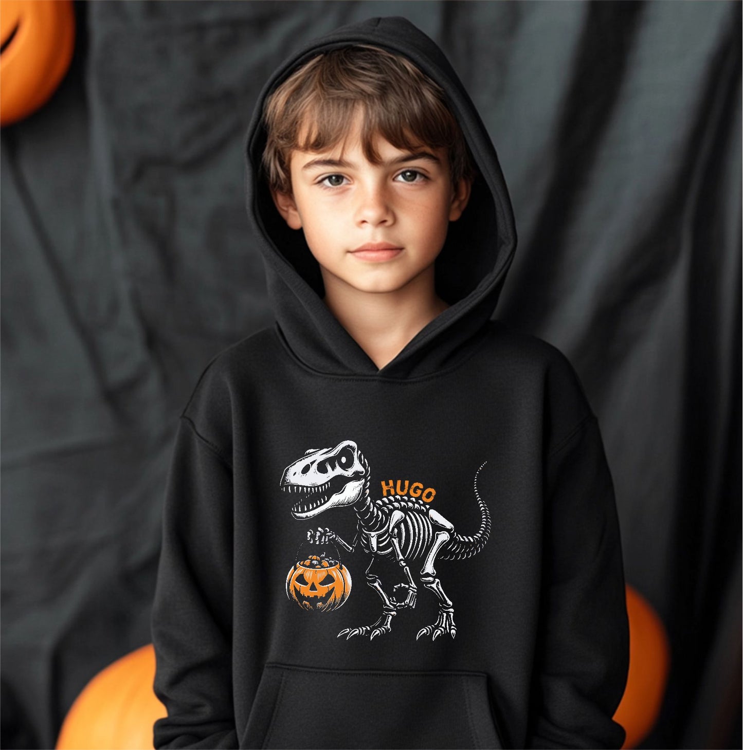 Sudadera negra con capucha con diseño de esqueleto dinosaurio