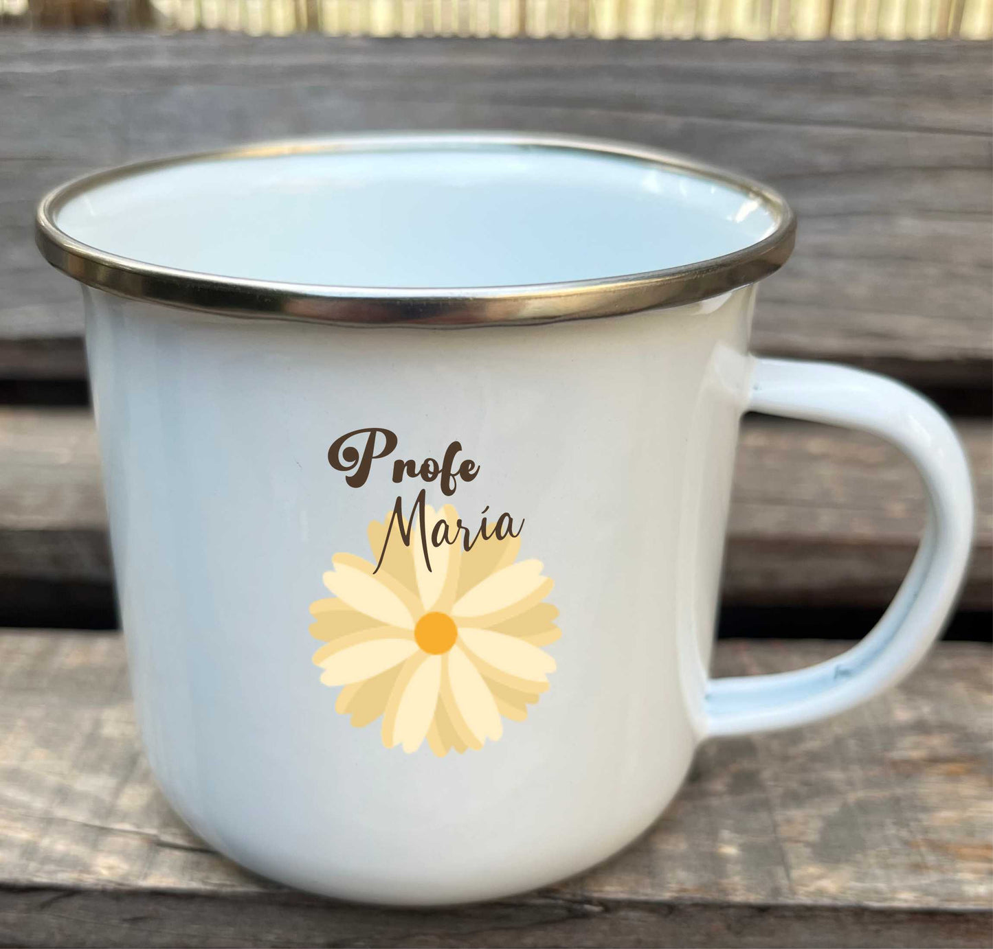 taza metálica esmaltada estilo retro para profes