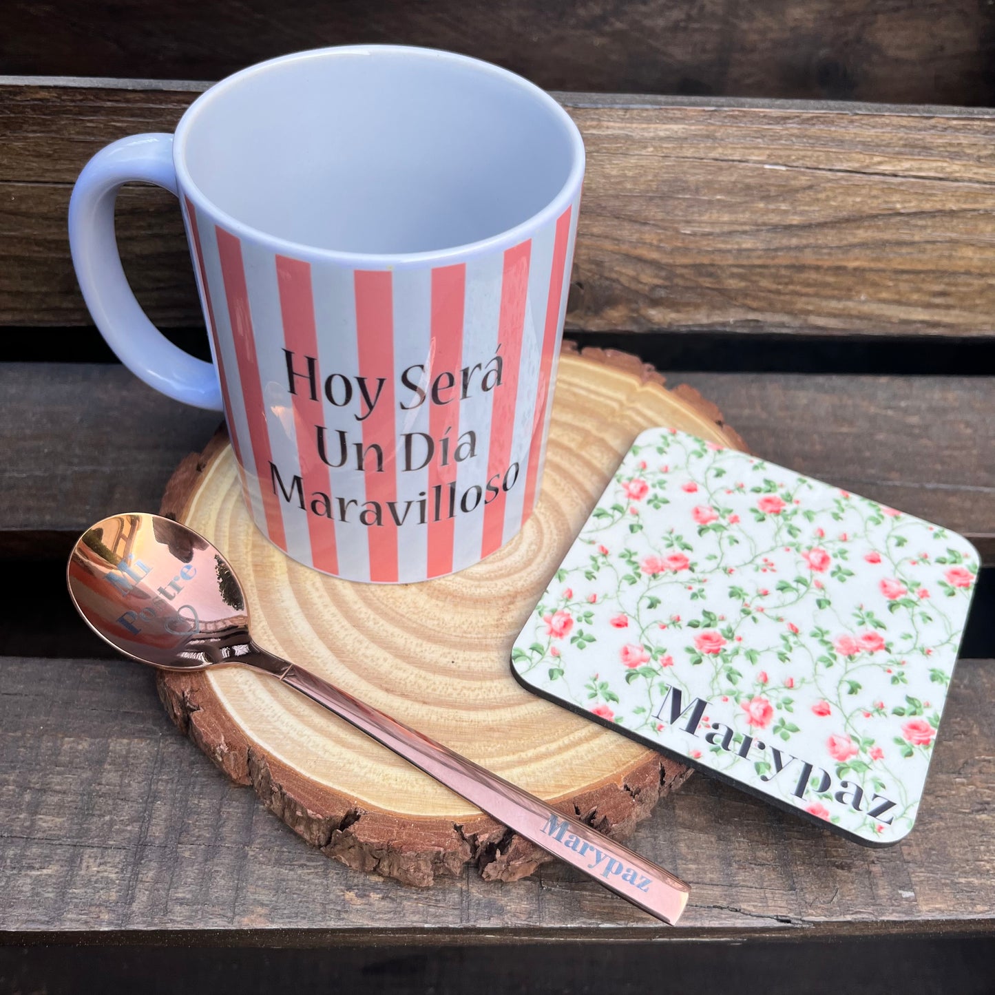 Kit de Regalo Taza, Posavasos y Cuchara para Postre.
