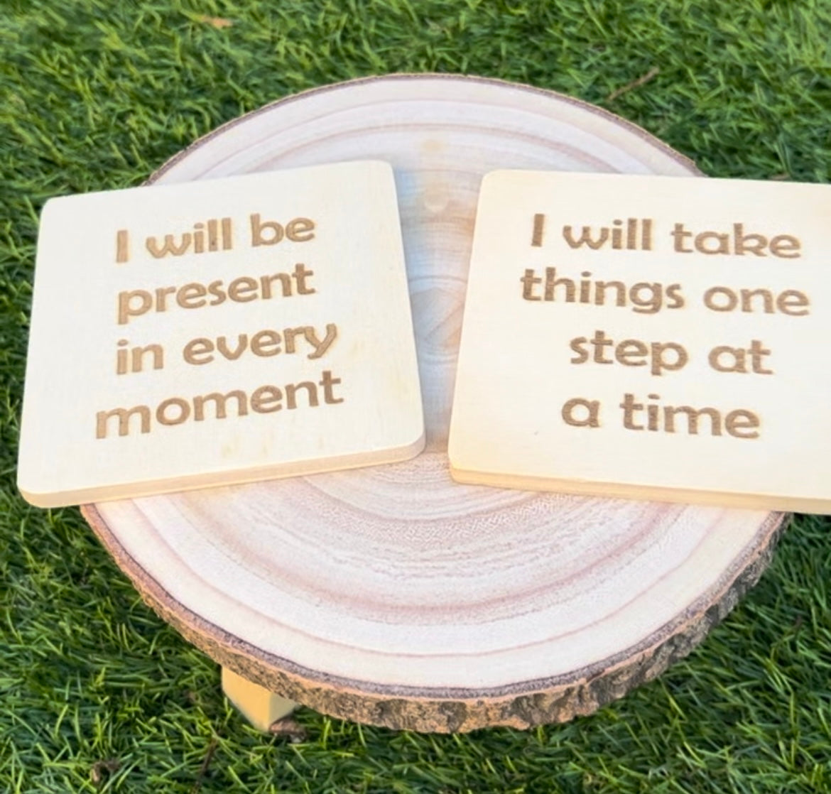 Personalized natural wood coasters.
