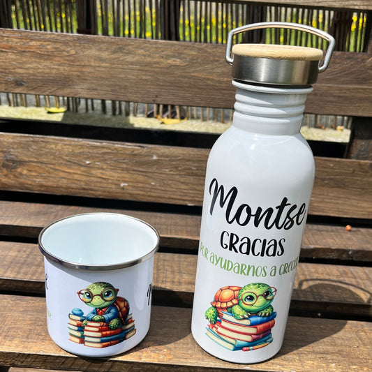 Kit Estilo Retro Vintage Botella Bidón Inox y Taza Personalizadas.