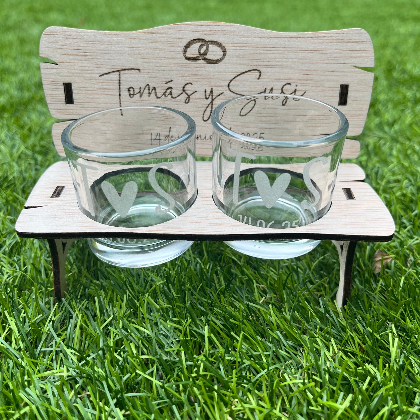 banco de chupitos para parejas personalizado de madera