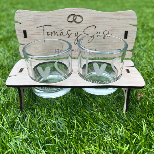 banco de chupitos para parejas personalizado de madera