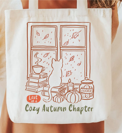 Bolsa de tela con gato mirando por la ventana