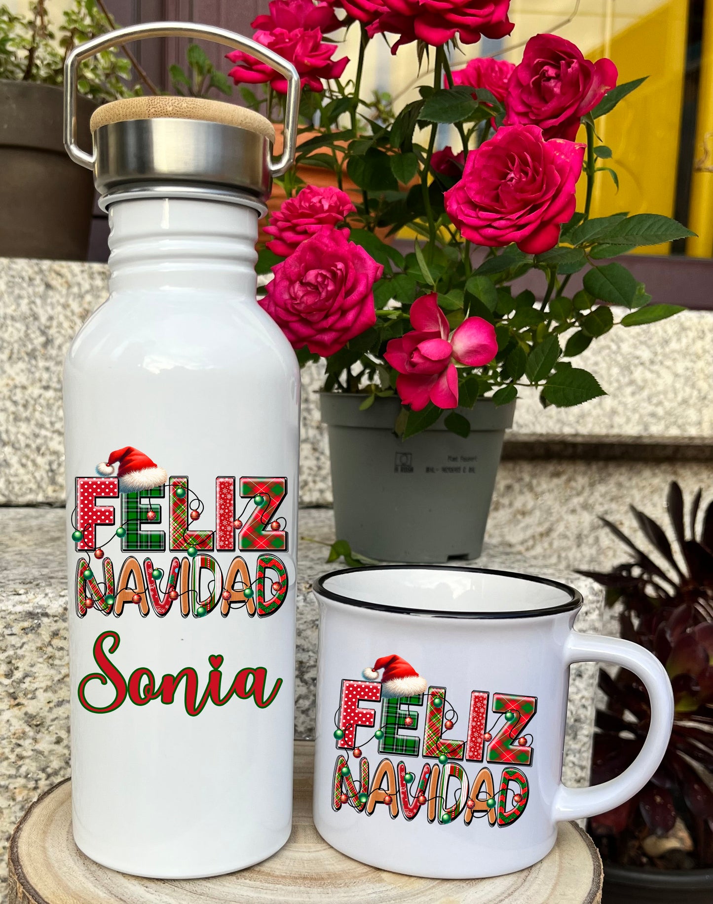 botella y tazas de inox para navidad personalizadas