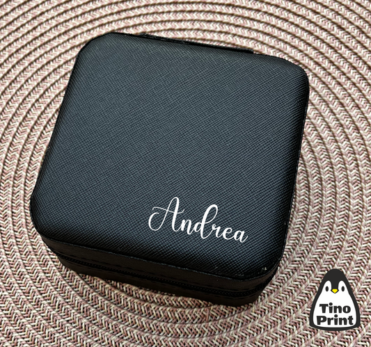 caja de joyería portátil personalizada color negro con nombre