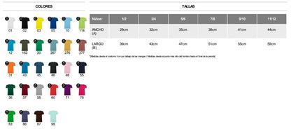 Colores y tallas disponibles para camisetas de niños