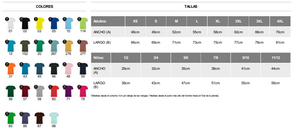 Colores y tallas disponibles para camisetas de algodón tinoprint