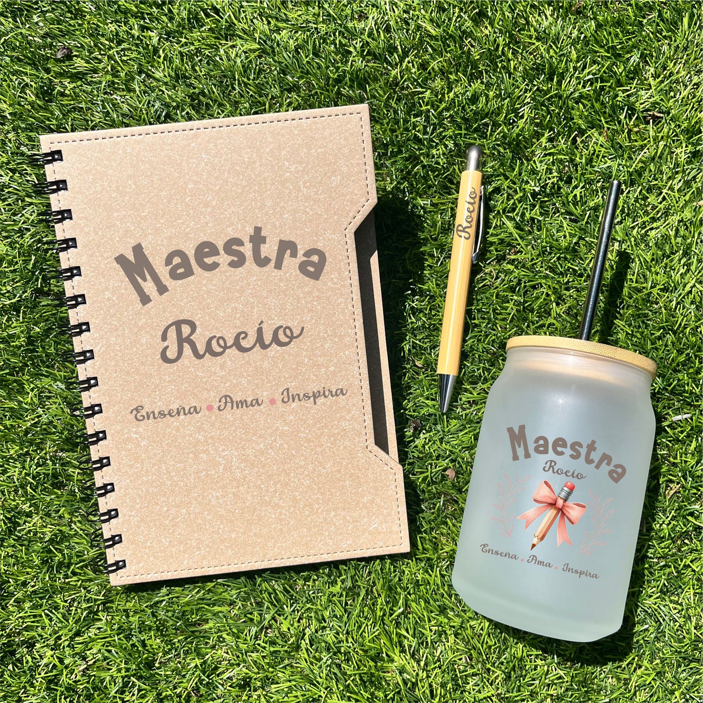 kit de libreta ecológica con boli de bambú y tarro personalizado