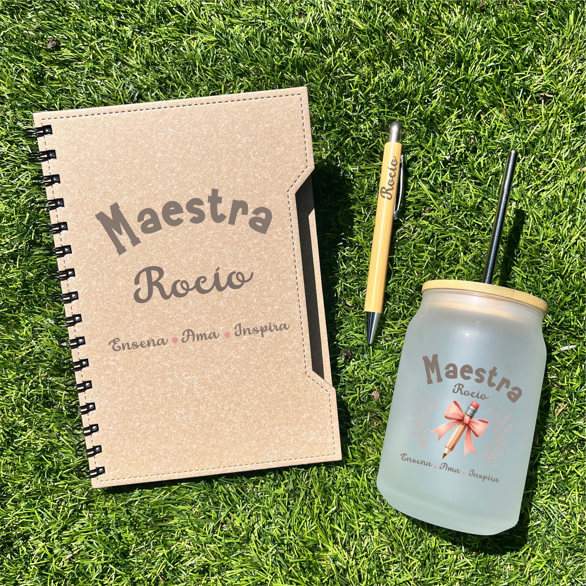 kit de libreta ecológica con boli de bambú y tarro personalizado