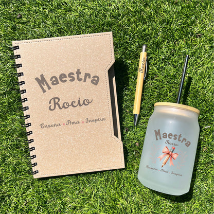 kit de libreta ecológica con boli de bambú y tarro personalizado