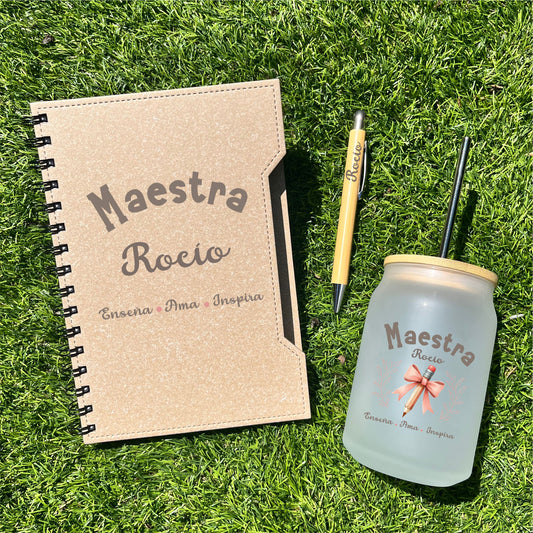 kit de libreta ecológica con boli de bambú y tarro personalizado
