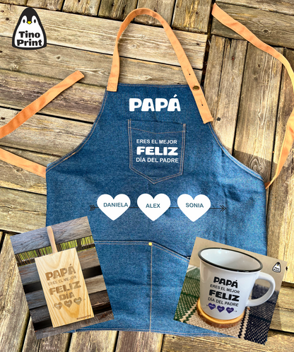 kit de regalo día del padre con delantal tabla y taza personalizada