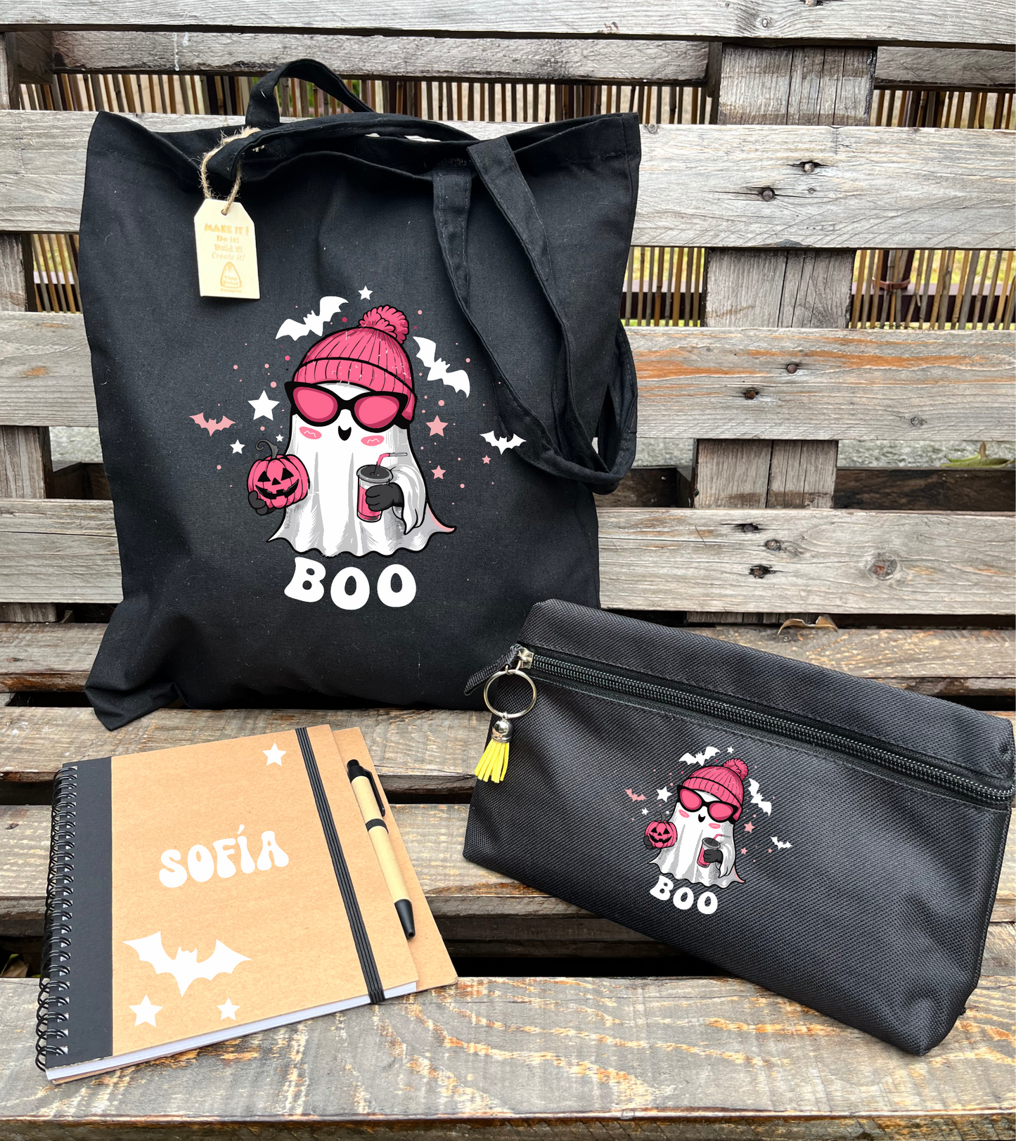 kit de regalo halloween personalizado con bolsa, libreta y neceser