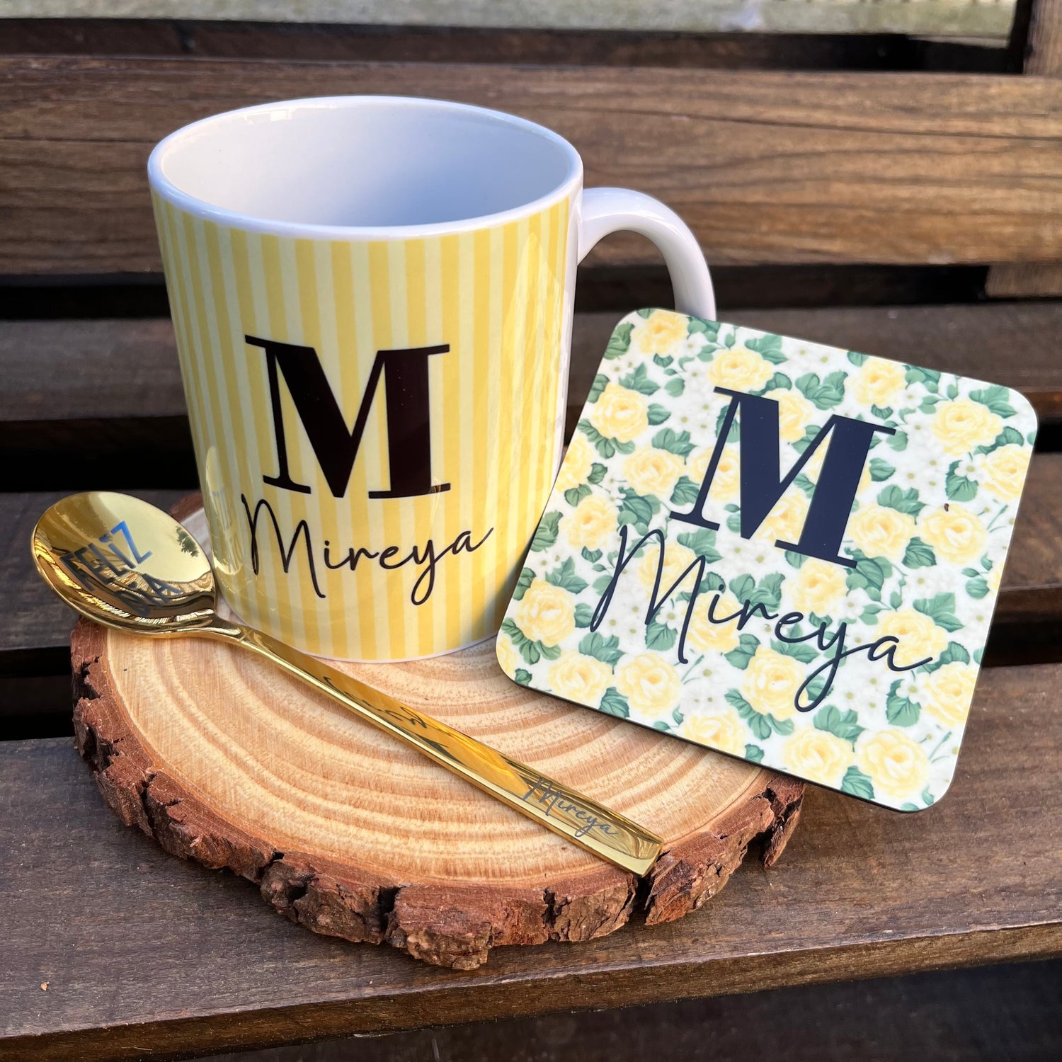 kit regalo taza posavasos cuchara personalizados