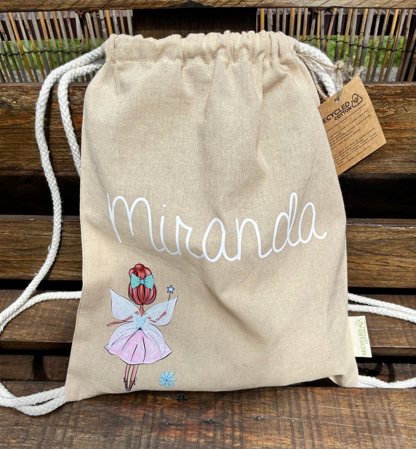 mochila ligera personalizada de algodón reciclado con nombre