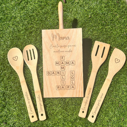 tabla de madera y utensilios de cocina personalizados con grabado láser