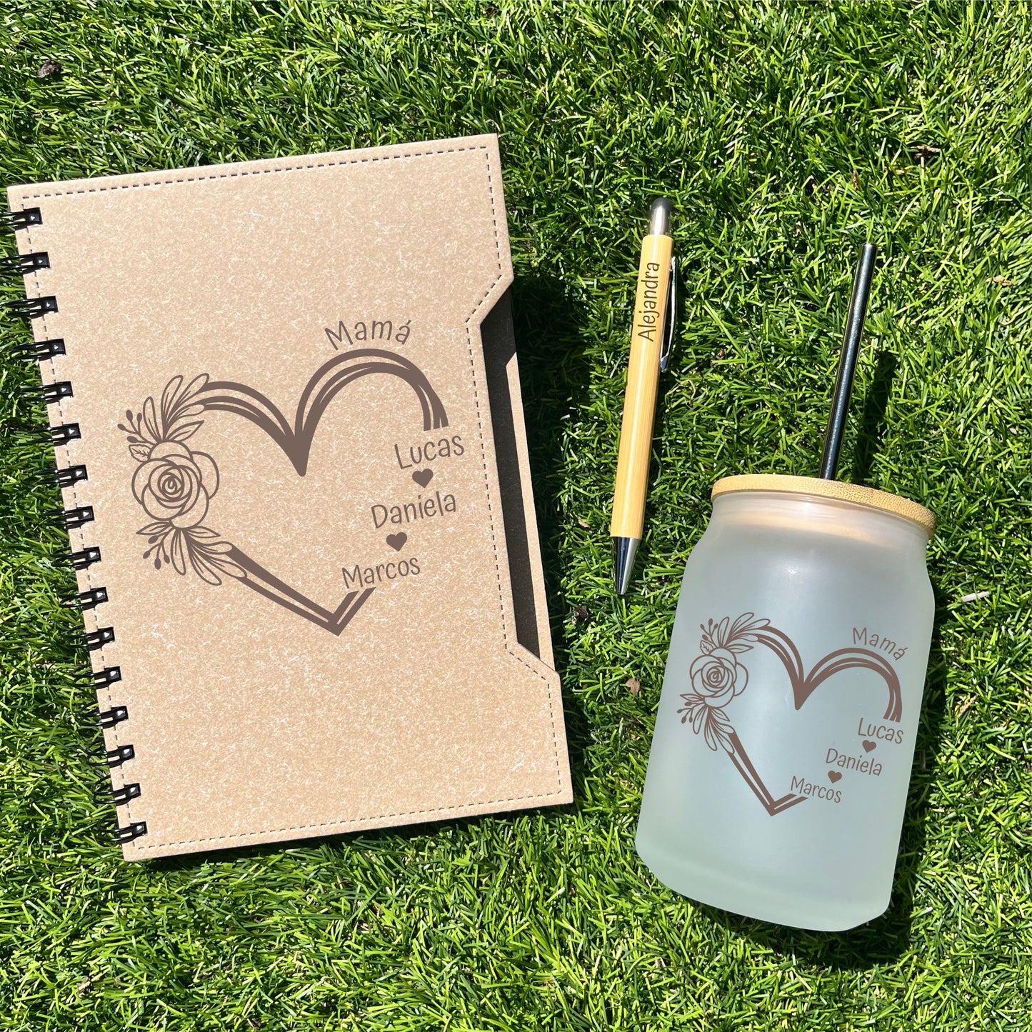 regalo ecológico personalizado con libreta y vaso de cristal