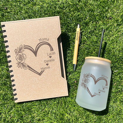 regalo ecológico personalizado con libreta y vaso de cristal