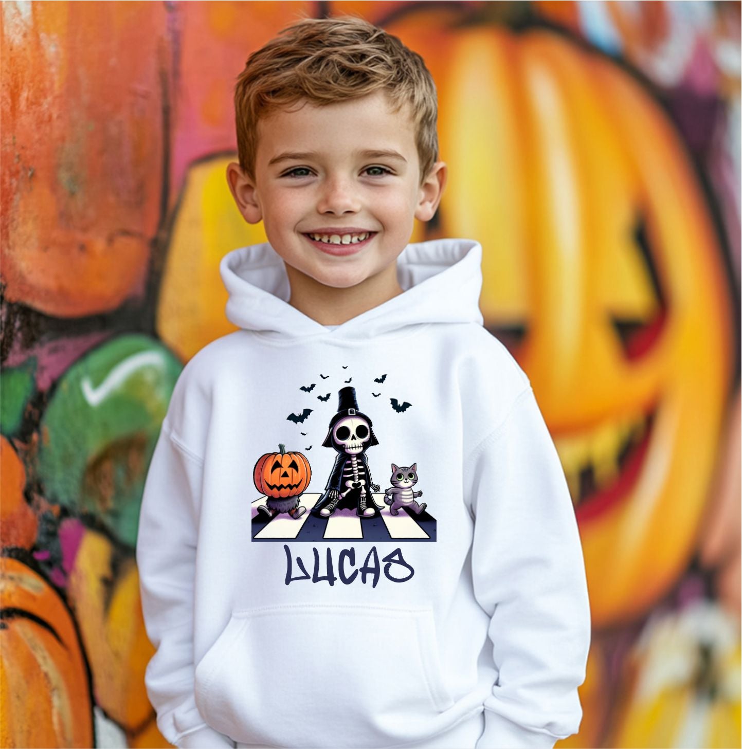 Sudadera blanca con capucha halloween lucas