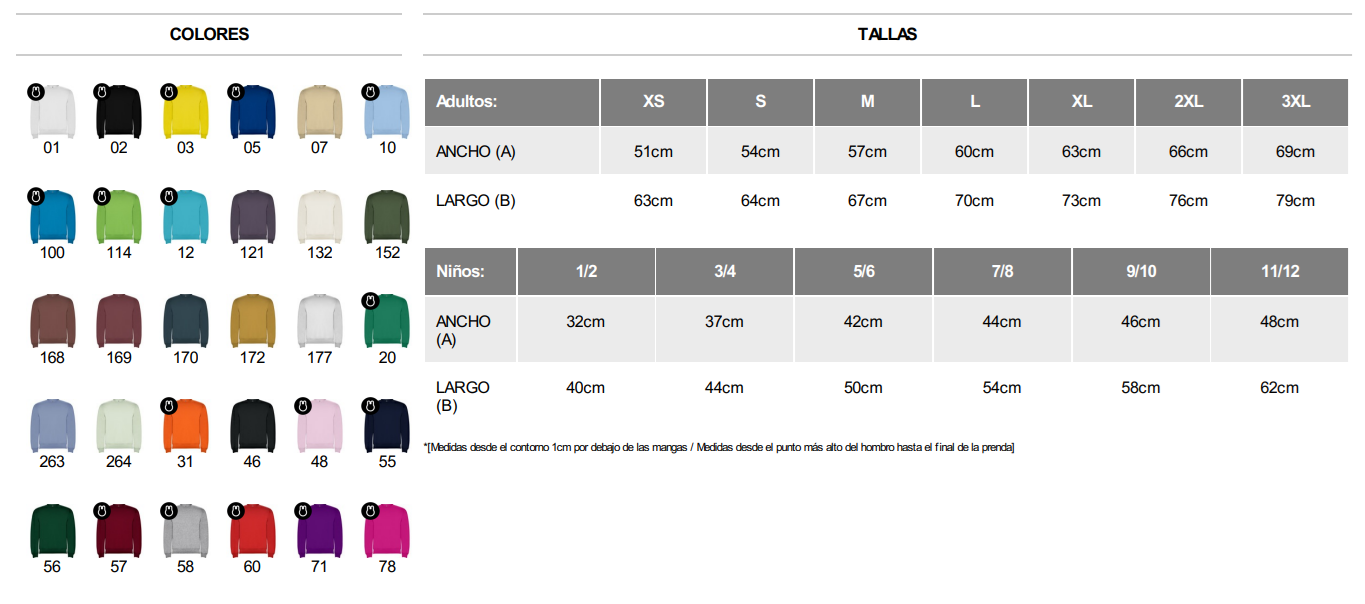Tabla de tallas y colores disponibles de sudaderas clásicas TinoPrint