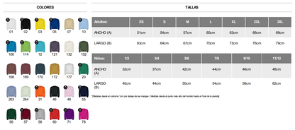 Tabla de tallas y colores disponibles de sudaderas clásicas TinoPrint