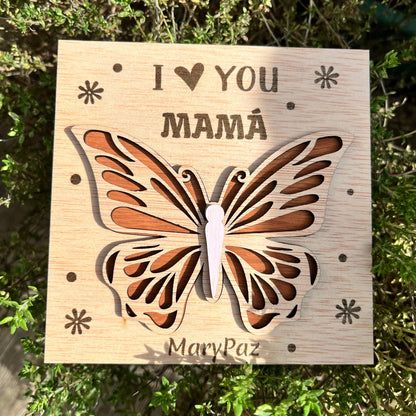 tarjeta de madera grabada con mensaje personalizado para el día de las madres