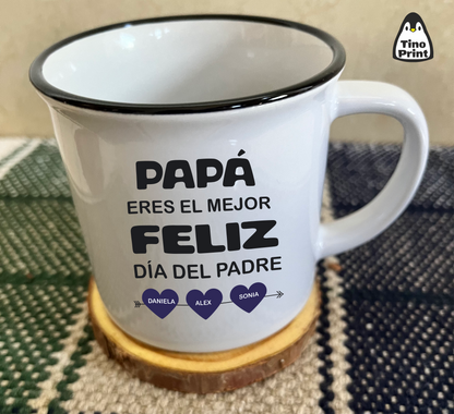 Taza estilo vintage de ceramica y borde negro con diseño del día del padre