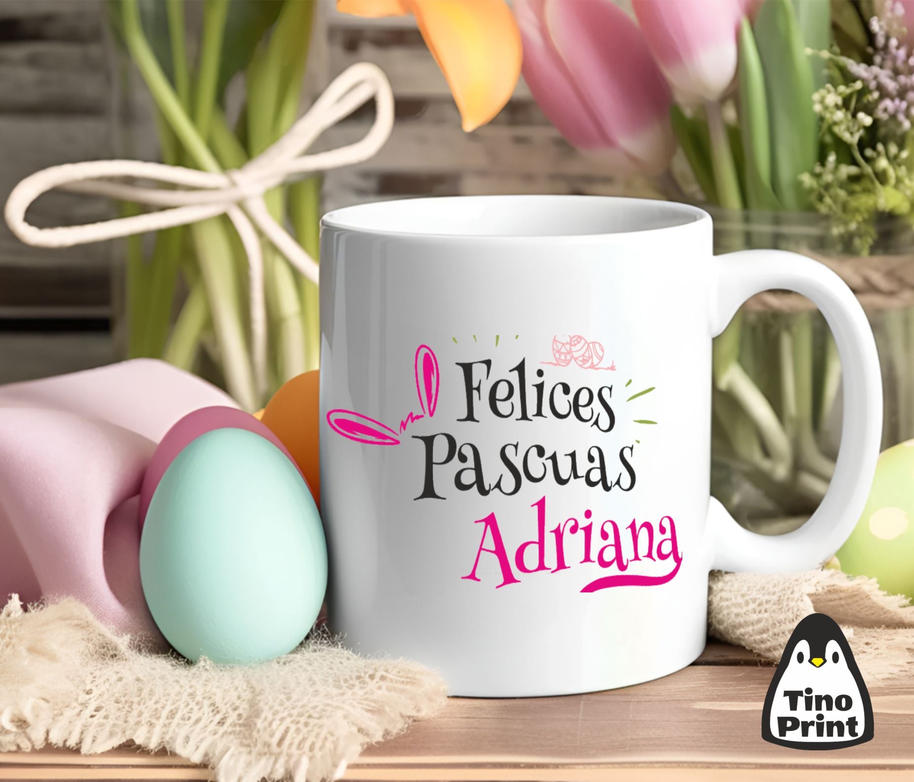 Taza con mensaje de felices pascuas adriana