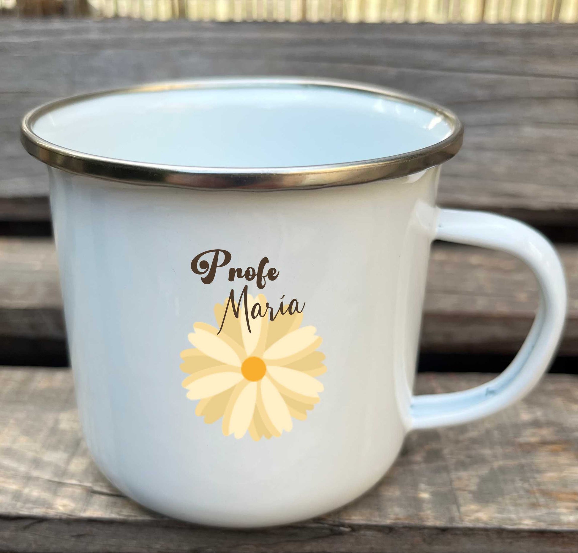 taza metálica esmaltada estilo retro para profes