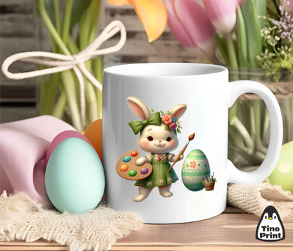 Taza con diseño de conejita pintora de pascua