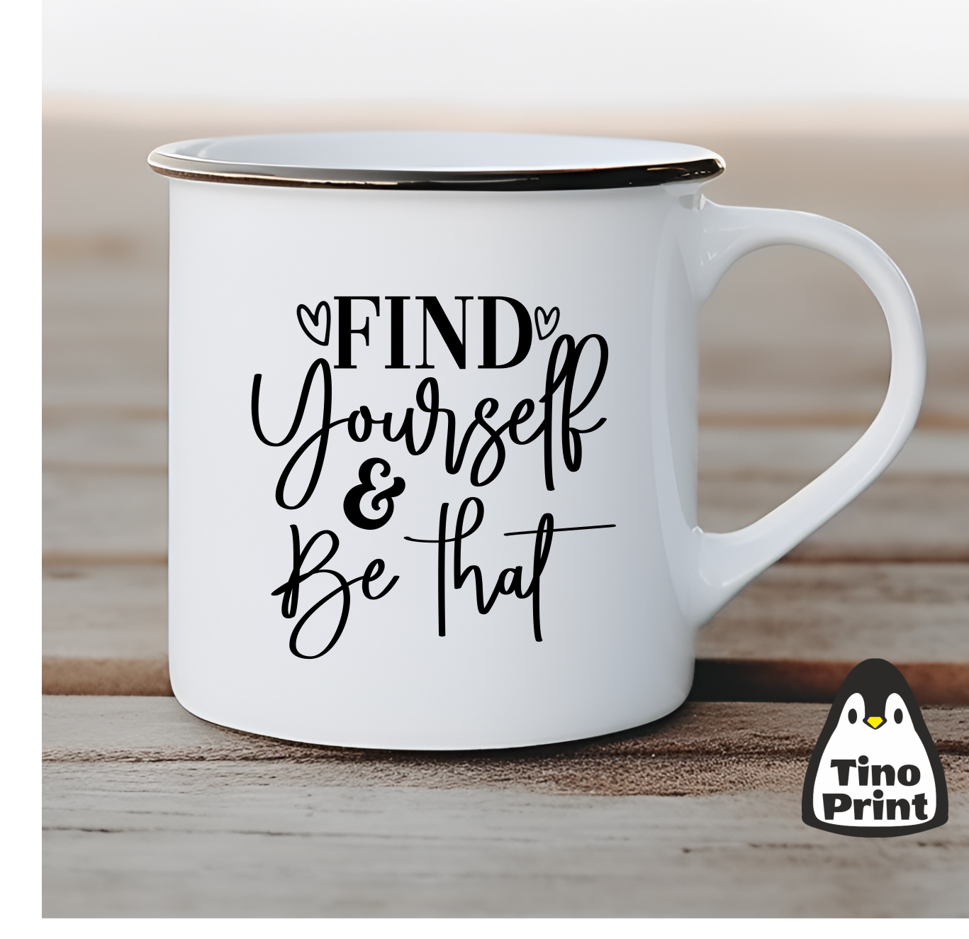 Taza metaliza retro con mensaje Find Yourself & Be That