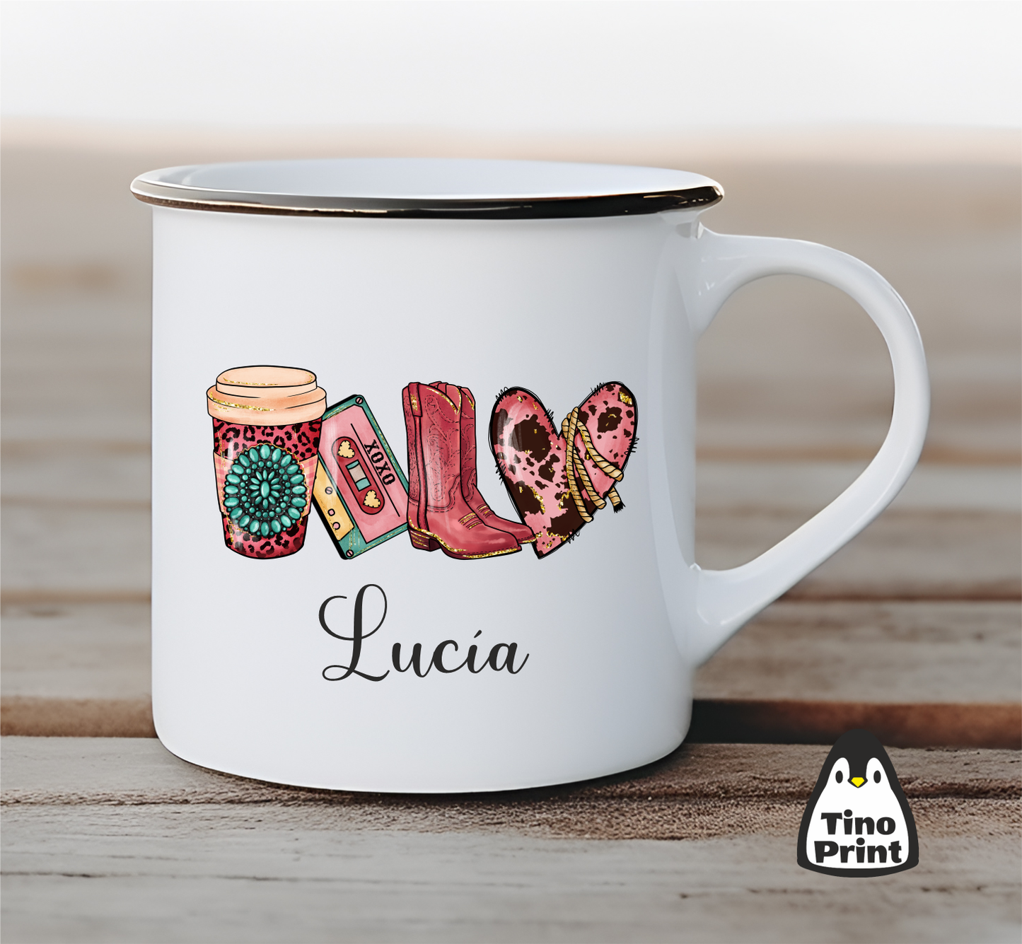 Taza metalica retro personalizada con diseño de san valentin