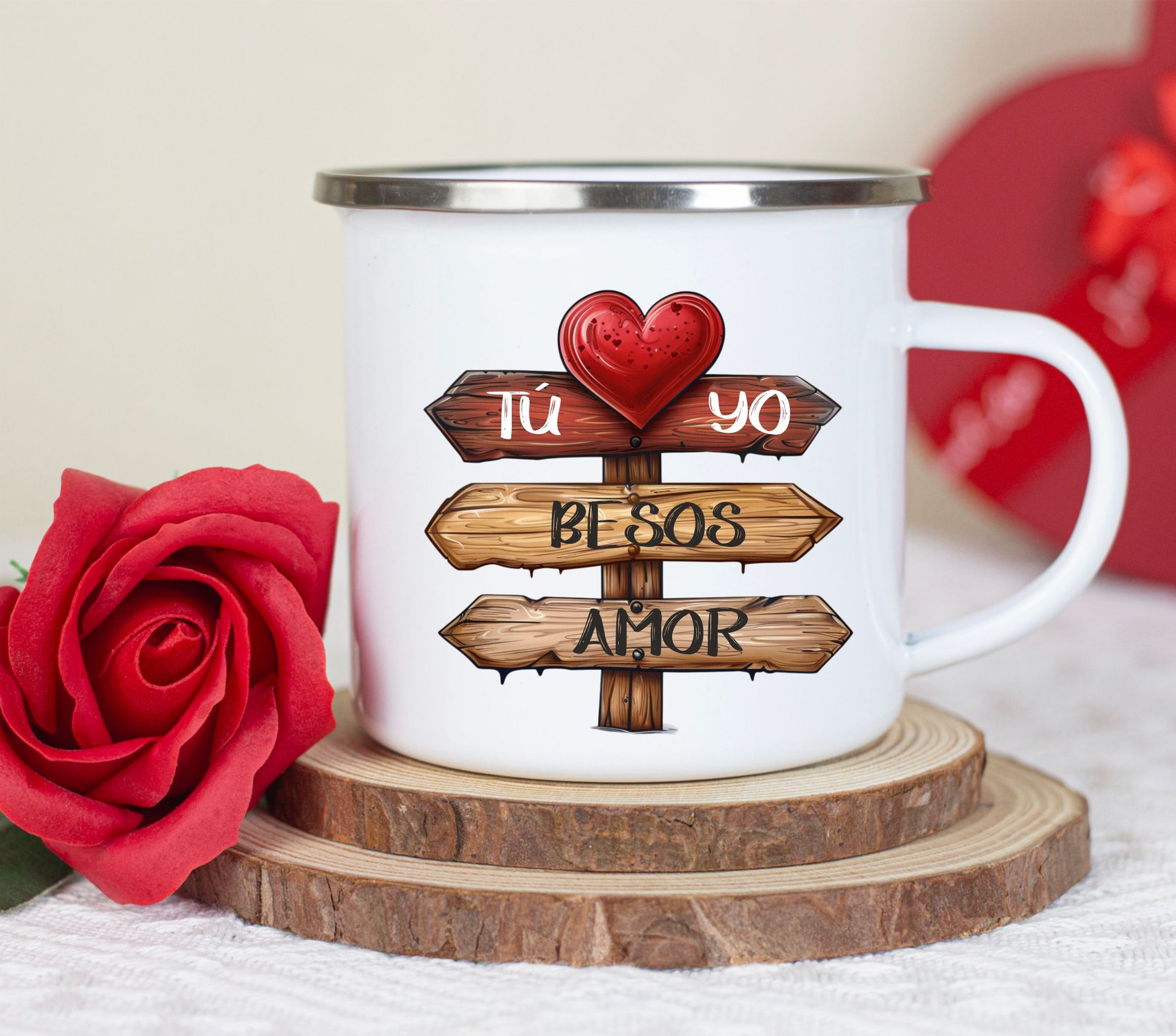Taza metalica retro personalizada con diseño de san valentin