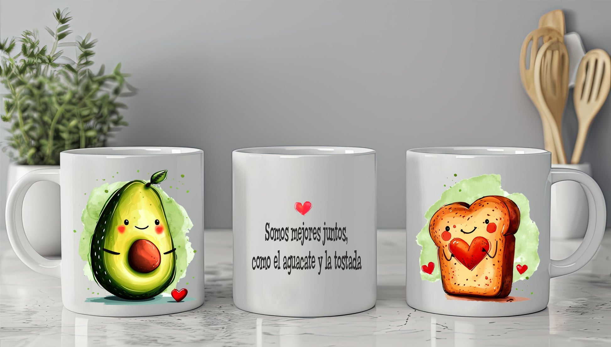 Taza para san valentin como el aguacate y la tostada
